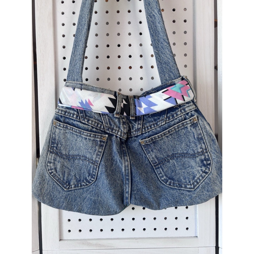 VTG Lee Denim Jeans Shoulder Bag Purse Handpainted Southwestern 90s Belted - Picture 7 of 11